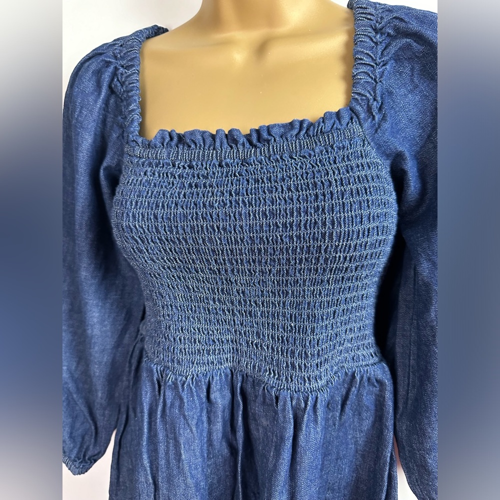 J.Crew 100%Cotton Smocked Fitted Bodice Long Puff Sleeve Chambray PullOn Dress S - Picture 7 of 16